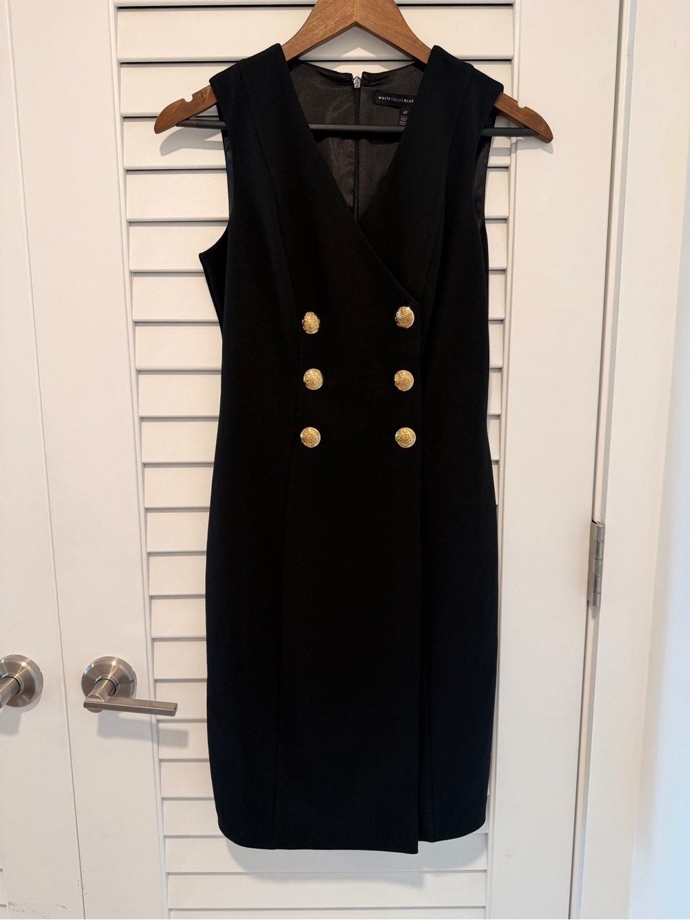 WHBM Sleeveless Black Double-Breasted Sheath Dress with Gold Buttons